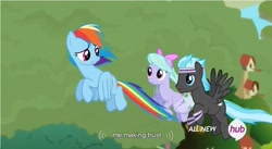 Size: 855x468 | Tagged: safe, screencap, flitter, pegasus, pony, it ain't easy being breezies, female, flying, male, mare, meme, stallion, thunderclap, trio, youtube caption