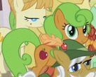 Size: 137x110 | Tagged: safe, derpibooru import, screencap, apple strudel, apple top, aunt orange, candy apples, uncle orange, earth pony, pony, apple family reunion, apple family member, background pony, cropped, female, mare, solo focus