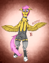 Size: 1554x2008 | Tagged: safe, artist:finnect, derpibooru import, scootaloo, pony, bipedal, boots, clothes, collar, dress, solo, stockings