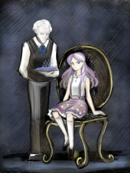 Size: 2087x2777 | Tagged: safe, artist:dzetawmdunion, diamond tiara, randolph, human, arm behind back, chair, humanized, jewelry, looking at you, serving tray, sitting, tiara