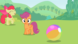 Size: 1280x720 | Tagged: safe, derpibooru import, screencap, apple bloom, scootaloo, lesson zero, beach ball, derp, silly