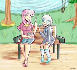 Size: 1000x914 | Tagged: safe, artist:php52, cheerilee, silver spoon, human, bench, cheerispoon, food, glasses, humanized, ice cream, light skin, park, sitting