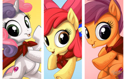 Size: 2560x1600 | Tagged: safe, artist:mysticalpha, apple bloom, scootaloo, sweetie belle, cmc cape, cutie mark crusaders, looking at you, open mouth, underhoof
