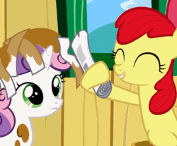 Size: 570x472 | Tagged: safe, derpibooru import, screencap, apple bloom, sweetie belle, earth pony, pony, unicorn, ponyville confidential, animated, blinking, cropped, duo, female, filly, gif, loop, messy, mud, newspaper, sweetiebuse