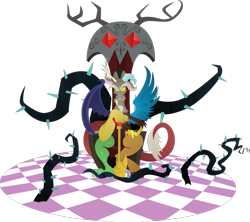 Size: 1023x909 | Tagged: safe, artist:rariedash, derpibooru import, discord, draconequus, princess twilight sparkle (episode), black vine, discord's throne, fangs, horns, lineless, looking at you, male, open mouth, sitting, solo, teeth, throne, twilight scepter, wings