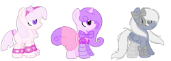 Size: 722x258 | Tagged: safe, artist:katrueyumenikki, oc, oc only, earth pony, pegasus, pony, unicorn, adoptable, clothes, dress