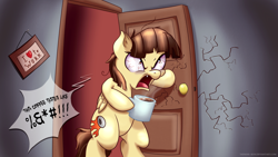 Size: 1920x1080 | Tagged: safe, artist:tadashi--kun, derpibooru import, wild fire, angry, bloodshot eyes, coffee, cracks, dexterous hooves, door, morning ponies, rage, solo