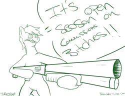 Size: 2600x2000 | Tagged: safe, artist:infernalbeggar, derpibooru import, pony, bipedal, commission related, gun, lineart, male, shotgun, solo, vulgar, weapon