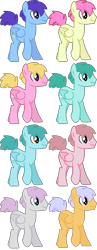 Size: 797x2059 | Tagged: safe, artist:sachikomerry, artist:starryoak, derpibooru import, blueberry cloud, heart throb, spring melody, sprinkle medley, pegasus, pony, april showers, endless clouds, male, pumpkin tart, rosewing, rule 63, simple background, stallion, transparent background, unnamed pony