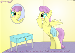 Size: 2500x1786 | Tagged: safe, artist:bluemeganium, parasol, pony, balancing, bipedal, clothes, contact lens, headcanon, hoof hold, mirror, skirt, solo, table