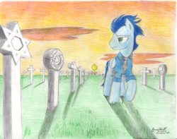 Size: 1024x805 | Tagged: safe, artist:thewolfheart89, derpibooru import, soarin', clothes, field, gravestone, necktie, shirt, solo, traditional art, wonderbolts dress uniform