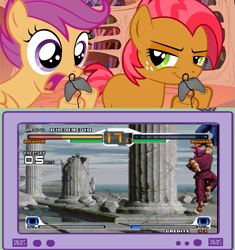 Size: 751x800 | Tagged: safe, derpibooru import, babs seed, scootaloo, akuma, exploitable meme, gamer meme, gaming, king of fighters, meme, obligatory pony, owned, snk vs capcom, street fighter, tv meme