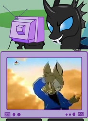 Size: 563x771 | Tagged: safe, derpibooru import, changeling, rabbit, anime, cartoon, exploitable meme, masking, meme, north korea, obligatory pony, propaganda, squirrel and hedgehog, tv meme, unmask, wat