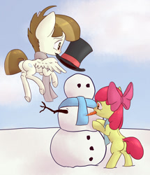 Size: 1024x1189 | Tagged: safe, artist:postscripting, apple bloom, featherweight, clothes, featherbloom, female, hat, male, plot, scarf, shipping, snow, snowman, straight, winter