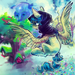 Size: 500x500 | Tagged: safe, artist:syntactics, derpibooru import, oc, oc only, ursa minor, flying, golden oaks library, solo, treehouse, yesteryear