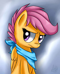 Size: 1699x2118 | Tagged: safe, artist:suplolnope, derpibooru import, scootaloo, bust, folded wings, looking sideways, neckerchief, portrait, solo