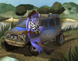 Size: 1250x970 | Tagged: safe, artist:siberwar, oc, oc only, oc:mariah wolves, alicorn, anthro, unguligrade anthro, alicorn oc, anthro oc, belly button, belt, belt buckle, boots, car, clothes, cowboy hat, cowgirl, daisy dukes, female, front knot midriff, gloves, hat, jeep, mare, midriff, pale belly, shorts, solo, stetson