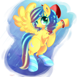 Size: 896x892 | Tagged: safe, artist:carligercarl, derpibooru import, sunshower raindrops, alternate hairstyle, background pony, belly chain, bow, clothes, earring, hair bow, hairclip, jewelry, looking at you, rearing, smiling, socks, solo, spread wings, striped socks