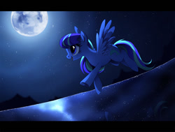 Size: 1152x870 | Tagged: safe, artist:ruhje, oc, oc only, pegasus, pony, moon, night, seaside, solo