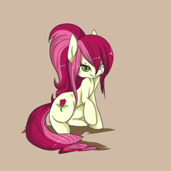 Size: 900x900 | Tagged: safe, artist:pixiekicks, derpibooru import, roseluck, earth pony, pony, alternate hairstyle, female, mare, simple background, sitting, smiling, solo