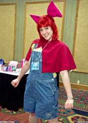 Size: 3311x4636 | Tagged: artist needed, safe, derpibooru import, apple bloom, human, convention, cosplay, irl, irl human, midwestria, midwestria 2012, overalls, photo, solo