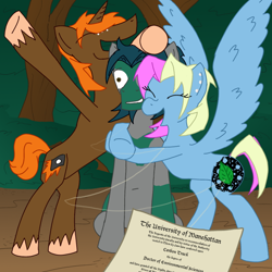 Size: 894x894 | Tagged: safe, artist:wryte, derpibooru import, oc, oc only, oc:songbreeze, earth pony, pegasus, pony, unicorn, diploma, earring, everfree forest, hug, newbie artist training grounds