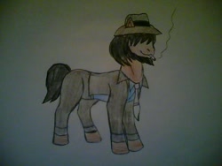 Size: 640x480 | Tagged: safe, artist:grugonk, artist:magnolia667, derpibooru import, cigarette, daisuke jigen, lupin the 3rd, ponified, simple background, solo, traditional art