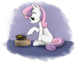 Size: 2384x1985 | Tagged: safe, artist:otakuap, derpibooru import, sweetie belle, oc, oc:fluffy the bringer of darkness, moth, angry moth noises, box, cute, diasweetes, hissing, moth noises, raised hoof, sitting, smiling