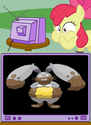 Size: 563x771 | Tagged: safe, apple bloom, diggersby, exploitable meme, gagging, meme, obligatory pony, pokémon, tv meme