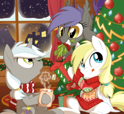 Size: 1600x1475 | Tagged: safe, artist:equestria-prevails, derpibooru import, oc, oc only, oc:aster, oc:cloud skipper, oc:midnight blossom, bat pony, pony, christmas tree, clothes, cloudblossom, cute, dark souls, hearth's warming eve, mistletoe, praise the sun, scarf, sweater, tree