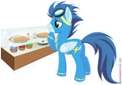 Size: 1861x1307 | Tagged: safe, artist:endlessnostalgia, soarin', cake, choice, goggles, muffin, nervous, pie, solo, that pony sure does love pies, wonderbolts uniform