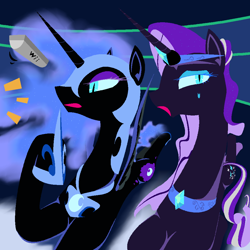 Size: 1000x1000 | Tagged: safe, artist:jun, nightmare moon, nightmare rarity, duality, pixiv, self ponidox, time paradox