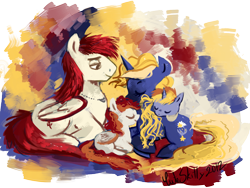 Size: 2000x1500 | Tagged: safe, artist:cuteskitty, derpibooru import, oc, oc only, oc:forest feather, oc:starry dreams, pegasus, pony, unicorn, family, female, male, mare, sleeping, stallion