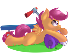 Size: 1600x1200 | Tagged: safe, artist:annakitsun3, scootaloo, helmet, prone, scooter, solo