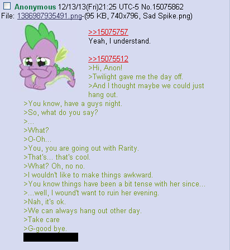 Size: 412x448 | Tagged: safe, derpibooru import, spike, dragon, /mlp/, 4chan, anon in equestria, feels, greentext, rejection is magic, sad, text