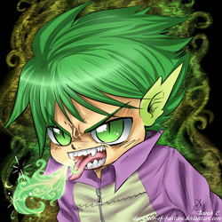 Size: 1500x1500 | Tagged: safe, artist:daughter-of-fantasy, derpibooru import, spike, human, creepy, elf ears, fangs, fire, humanized, light skin, solo