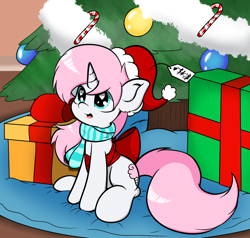 Size: 1050x1000 | Tagged: safe, artist:lightningnickel, derpibooru import, oc, oc only, oc:cotton candy, christmas, cute, hearth's warming eve, present, ribbon, solo