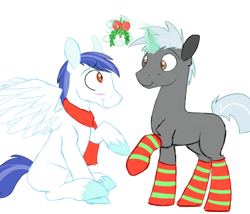 Size: 600x513 | Tagged: safe, artist:cottonsulk, derpibooru import, pegasus, pony, unicorn, blushing, clothes, cute, gay, male, mistletoe, royal guard, scarf, smiling, socks, stallion, striped socks