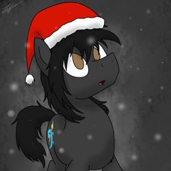 Size: 1500x1500 | Tagged: safe, artist:tomazii7, derpibooru import, oc, oc only, earth pony, pony, hat, santa hat, snow, snowfall, solo