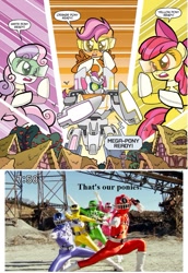 Size: 723x1053 | Tagged: safe, artist:tonyfleecs, idw, apple bloom, scootaloo, sweetie belle, earth pony, human, pegasus, pony, unicorn, friends forever, spoiler:comic, spoiler:comicff2, bandai, comic, cutie mark crusaders, cutiezord, female, filly, foal, hmd, meme, official comic, power rangers, power rangers (series), ressha sentai toqger, saban, speech bubble, super sentai