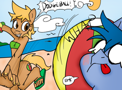 Size: 1280x940 | Tagged: safe, artist:sweethd, derpibooru import, edit, oc, oc only, oc:beach ball, anthro, plantigrade anthro, beach, beach ball, colored, dodgeball, feet, nail polish, sandals