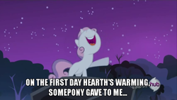 Size: 854x480 | Tagged: safe, derpibooru import, edit, edited screencap, screencap, sweetie belle, sleepless in ponyville, 12 days of christmas, caption, hearth's warming, hub logo, image macro, solo, twelve days of christmas