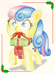 Size: 600x808 | Tagged: safe, artist:flutterluv, derpibooru import, bon bon, sweetie drops, christmas, holly, mouth hold, solo, traditional art