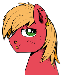 Size: 793x974 | Tagged: safe, artist:xioade, edit, editor:vb, big macintosh, earth pony, pony, earring, freckles, lip ring, looking at you, male, nose ring, piercing, profile, smiling, solo, stallion