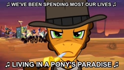 Size: 1024x576 | Tagged: safe, screencap, cheese sandwich, earth pony, pony, pinkie pride, amish paradise, clint eastwood, image macro, lyrics, male, parody, parody of a parody, party horn, song reference, stallion, the man with no name, weird al yankovic
