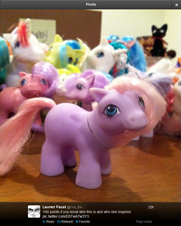 Size: 713x890 | Tagged: safe, derpibooru import, ember (g1), g1, blank flank, filly, inspiration, irl, lauren faust, photo, text, toy, twitter