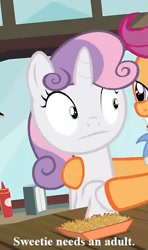 Size: 289x489 | Tagged: safe, edit, screencap, goldengrape, scootaloo, sir colton vines iii, sweetie belle, twilight time, :, face, french fries, funny, funny face, grabbing, i need an adult, napkins