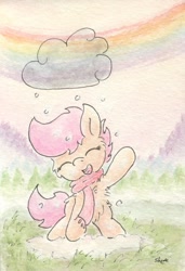 Size: 686x1004 | Tagged: safe, artist:slightlyshade, derpibooru import, scootaloo, clothes, cloud, scarf, snow, snowfall, solo, traditional art