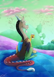 Size: 816x1174 | Tagged: safe, artist:c-puff, discord, draconequus, back, chaos, chocolate milk, chocolate rain, cloud, cotton candy, cotton candy cloud, cute, discorded landscape, discute, drink, food, frown, green sky, male, sitting, solo