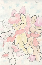 Size: 686x1055 | Tagged: safe, artist:slightlyshade, derpibooru import, apple bloom, scootaloo, sweetie belle, clothes, cutie mark crusaders, scarf, shared clothing, shared scarf, traditional art